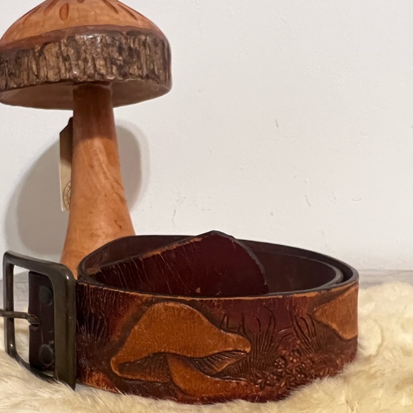 Vintage Accessories - Vintage 1970s brown genuine leather Boho retro tool belt mushrooms 🍄